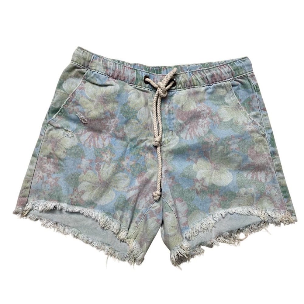 Aerie Floral Denim Shorts Blue Drawstring Elastic Waist Frayed Small - Picture 2 of 12